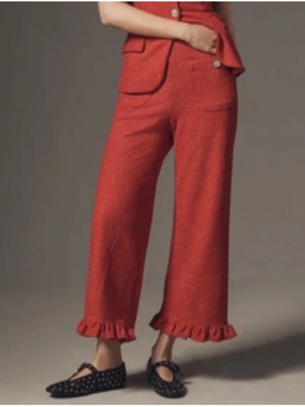 Maeve The Colette Crop Tweed Ruffle-Hem Pants - Red - sz 30 - NWT - Picture 1 of 14